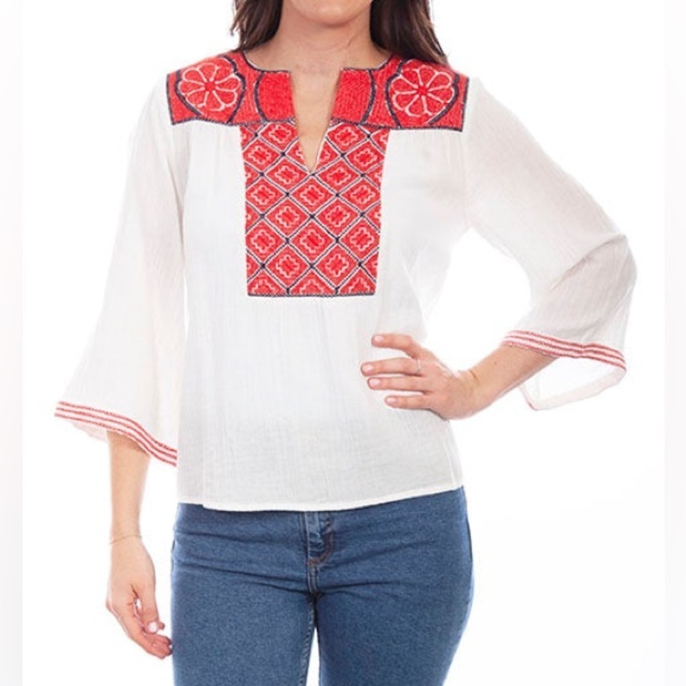 SCULLY RED& IVORY COTTON BLOUSE WITH KNIT, AND FLORAL CROSS STITCH SIZE M